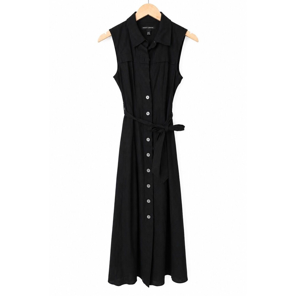 Maggy London Black Linen Blend Sleeveless Belted Maxi Shirt Dress Size 4